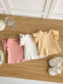 3pcs Newborn Baby Girl Cute Casual Versatile Solid Color Ruffle Trim Knit Top Set - White - View 5