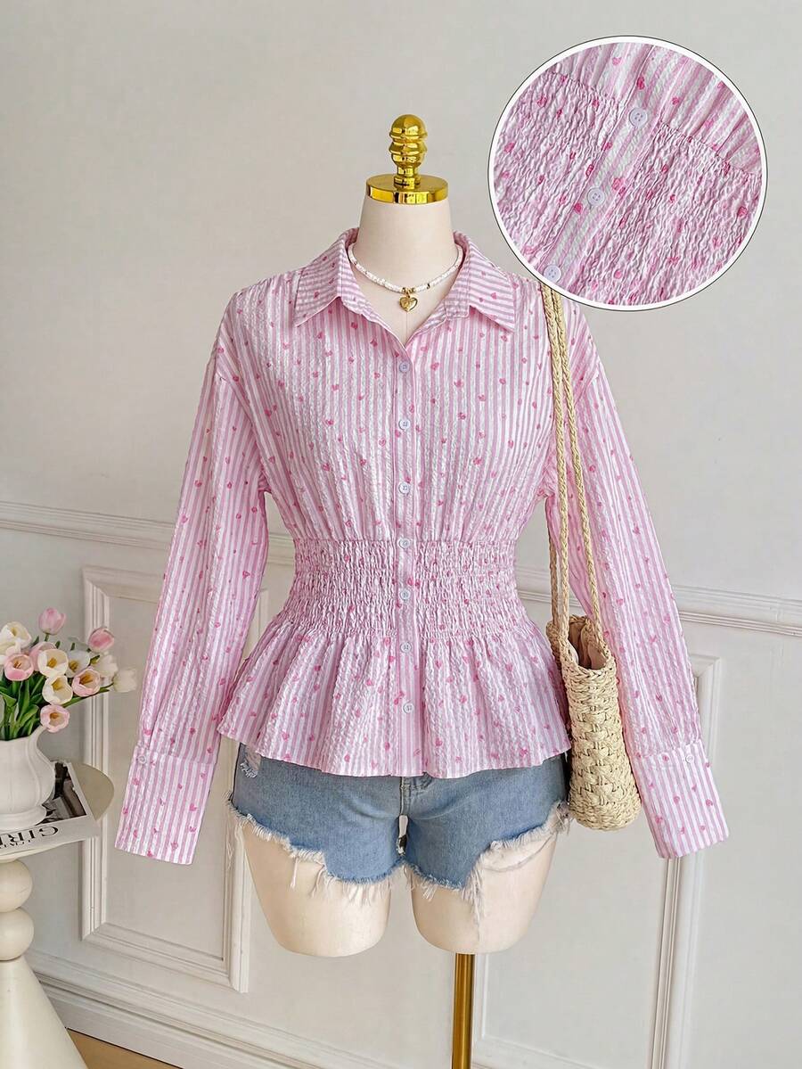 SHEIN EZwear Camisa casual de talla grande con estampado de corazones a rayas, otoño - Multicolor - Ver 1