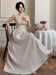 DAZY Women's Elegant Solid Color Waist Cinched Sleeveless Dress Summer Maxi Dress Sundress - Khaki - View 5
