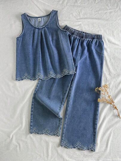 Vintaside Kids Girls Sleeveless Denim Style Round Neck Tank Top And Pants 2-Piece Set, Slim Fit, Suitable For Outings, School, Gatherings, Parties, And Casual Daily Wear