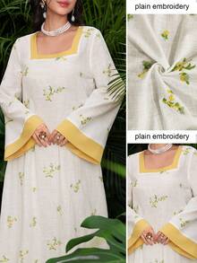 Al Najma Square Neck Yellow Contrast Embroidered Traditional Arabic Long Robe - Multicolor - View 4