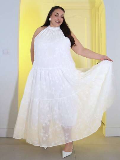 Pretty and Ole 女士加大码白色无袖露肩浪漫优雅连衣裙