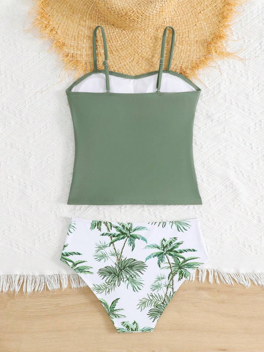 Tween Girl Tankini Swimwear, Tween Girl 2-Piece Bikini Set With Spaghetti Strap Vest, Ruched Design, Military Green, For Beach, Holiday, Swimming, Party Tween Girls Tankini Set - Ruched Cami Top & Palm Tree Print High Waisted Bottoms Two Pieces Swimwear - Dark Green - View 1