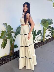 Hitanina 2 件套女士优雅短款抹胸上衣和裙子套装 - 杏色 - 查看 6