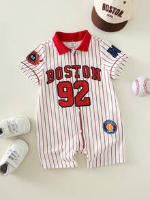 SHEIN Áo liền quần thể thao mùa hè dễ thương cho bé sơ sinh, kiểu dáng unisex, in chữ và sọc. - Nhiều màu - Xem 3