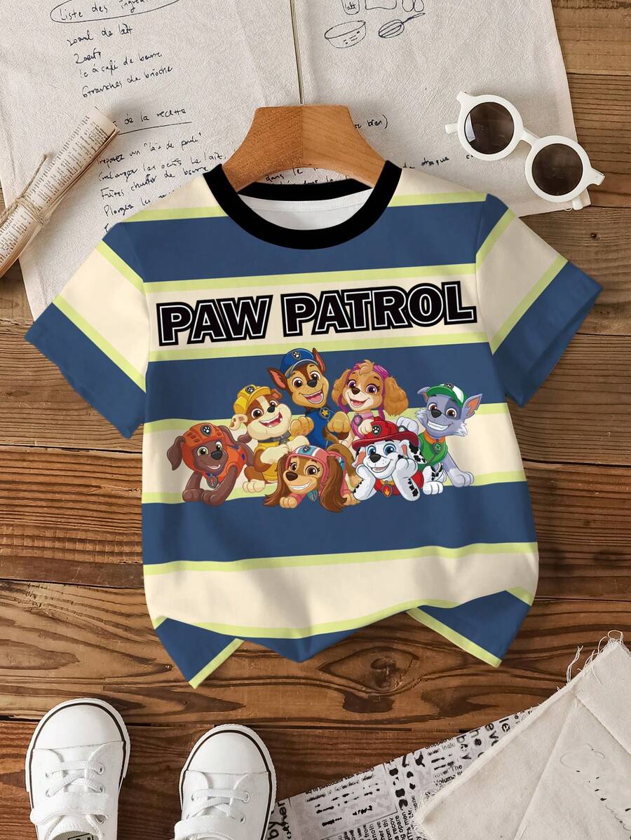 SHEIN | PAW Patrol Áo thun ngắn tay cổ tròn in chữ và hoạt hình dành cho bé trai - trắng - Xem 1