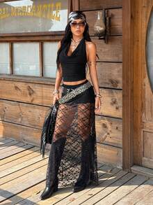 Muchica Women's Sexy Vacation Style Draped Neck Backless Top And Sheer Lace Skirt Set (Excluding Belt) - Black - View 4