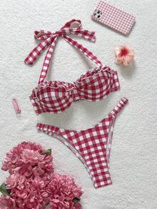 Soleia Bộ đồ bơi nữ 2 món kẻ caro đỏ trắng, thích hợp cho kỳ nghỉ. - Màu Hồng Tươi - Xem 1