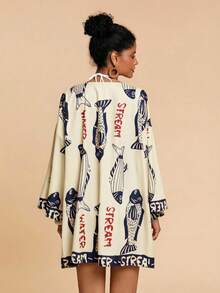 Travachic Letter & Fish Print Casual Loose Long Sleeve Kimono Cover Up,Beach,Beach Outfits For Women,Beach Set,Going Out,Vacation,Vacation Outfits Women,Holiday,Summer,Summer Clothes,Summer Outfits For Women,Party ,Going Out,Going Out Outfits,Casual,Elegant,Y2k,Flower - Blue - View 2