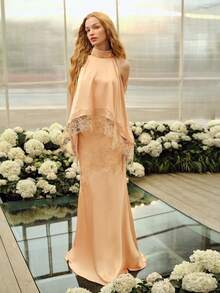 MOTF PREMIUM 2PCS/SET LACE PATCHWORK HALTER TOP AND FISHTAIL SKIRT, SPRING/SUMMER - Coral Pink - View 9