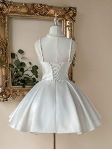 Lovelzi Elegant Fashion White Satin Mesh Patchwork Strapless Pearl Decor A-Line Formal Party Dress, Wedding Guest Bachelorette Prom Bridal Shower - White - View 3