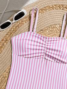 SHEIN Tween Girls 2 Pieces Tankini Swimwear Set, Pink & White Striped Spaghetti Strap Top And Ruched Waist Striped Triangle Bottoms, Y2K Cute Vacation Style Suitable For Swimming, Surfing, Holiday, Beach - Pink - View 4