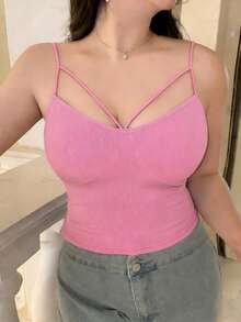 Dazy Plus Plus Size Solid Color Hollow Out Fitted Cropped Camisole Tank Top, Suitable For All Seasons Summer - Hot Pink - View 1