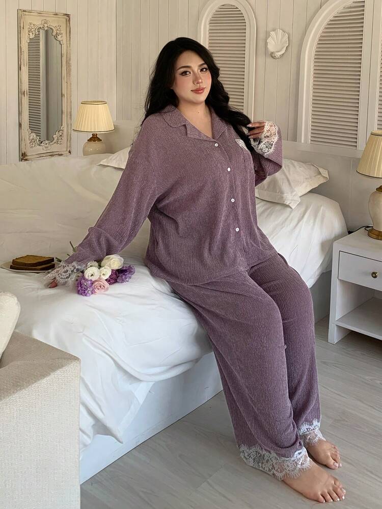 Dazy Plus 2pcs Elegant Purple Contrast Lace Loose Long Sleeve Top And Long Pants Pajama Set, Spring/Summer
