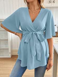 SHEIN Maternity Solid V-Neck Ruched Waist Design Casual Versatile Blouse For Daily Wear - Baby Blue - View 3