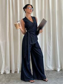 Siren Gaze Women's Criss-Cross V-Neck Tie Waist Vest And Wide Leg Jeans Set - Dark Wash - View 1