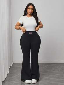 Truni Women Plus-Size Knitted Elastic Solid Color Flare Pants With Pocket, For Pear Triangle Body Shape - Black - View 8
