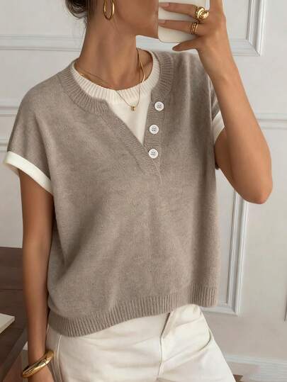 Easowa 女士休闲通勤撞色针织背心，休闲撞色亨利领套头衫，柔软针织二合一毛衣，夏季米色，休闲服饰