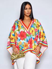SOLERSUN Damen V-Ausschnitt Sommer Strandurlaub Stil tropisches Muster locker sitzende V-Ausschnitt Fledermausärmel Bluse, Resort Tropical Urlaub - Verschiedenfarbig - Übersicht 6