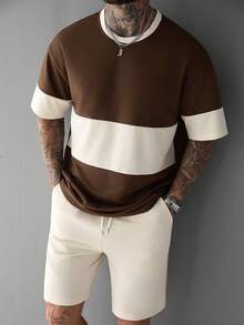 Manfinity Homme 男士撞色圆领短袖休闲T恤和抽绳短裤套装，男士撞色套装，男士两件套，棕色针织衫，男士棕白衬衫，男士棕色套装，适合日常休闲、周末旅行、户外活动、探险旅行、轻松的工作环境或半正式场合，可作为男友/丈夫礼物、周年纪念/生日礼物、派对、暑假、婚礼、春夏装扮。 - 杏色 - 查看 3