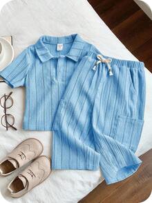 SHEIN 2pcs/Set Baby Boy/Girl Comfortable Casual Versatile Khaki Striped Collar Short Sleeve Shirt Knit Top And Pants Set, Suitable For Spring/Summer Indoor, Outdoor, Daily, Sports, Play, Party, Photo Shoot, Holiday, Festival - Baby Blue - View 1