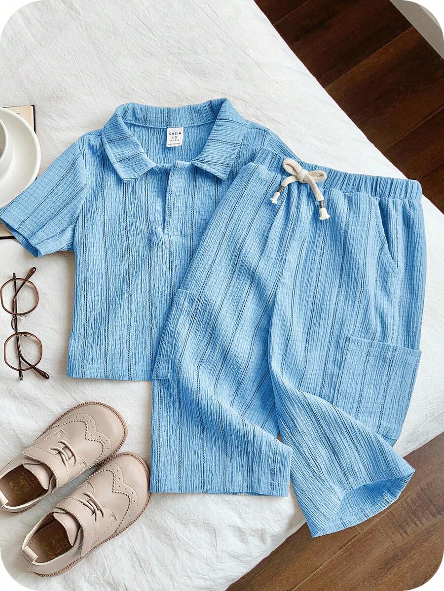 SHEIN 2pcs/Set Baby Boy/Girl Comfortable Casual Versatile Khaki Striped Collar Short Sleeve Shirt Knit Top And Pants Set, Suitable For Spring/Summer Indoor, Outdoor, Daily, Sports, Play, Party, Photo Shoot, Holiday, Festival - Baby Blue - View 1