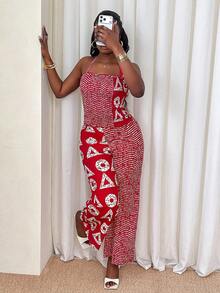 Xyvia 2pcs Women's Digital Print Camisole Top With Ruched Design And Wide Leg Pants Set, Elegant And Chic, Suitable For Birthday, Date, Party, Vacation, Valentine's Day, Labor Day, Easter, Travel, Spring/Summer - Red and White - View 6