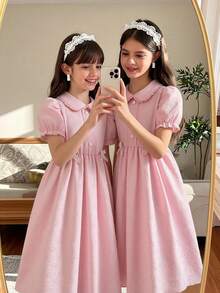 SHEIN ChillGRL Streecool 少女宽松腰A字连衣裙，纯色3D立体压纹面料，衬衫领，蝴蝶结装饰，适合春夏休闲穿着 - 粉色 - 查看 2