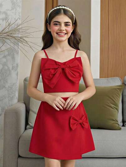 SHEIN Girls' Red Bow Sleeveless Dress: Versatile Casual Outfit Cute Toddler/Kid Dress With Large Bow Detail, Perfect For Birthdays, Family Gatherings, Playdates & Casual Outings. Soft Fabric, Stylish Design-Ideal For Daily Wear Or Small Celebrations.