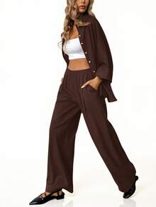 Aveloria Modichic 2pcs/Set Women Blended Side Slit Loose Shirt And High Waist Wide Leg Pants Elegant Business Casual Women  - Chocolate Brown - View 2
