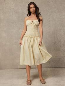 WESTFADE V Neck Tie Front Smocked Drop Waist Fit & Flare Sleeveless Striped Midi Dress - Yellow - View 3