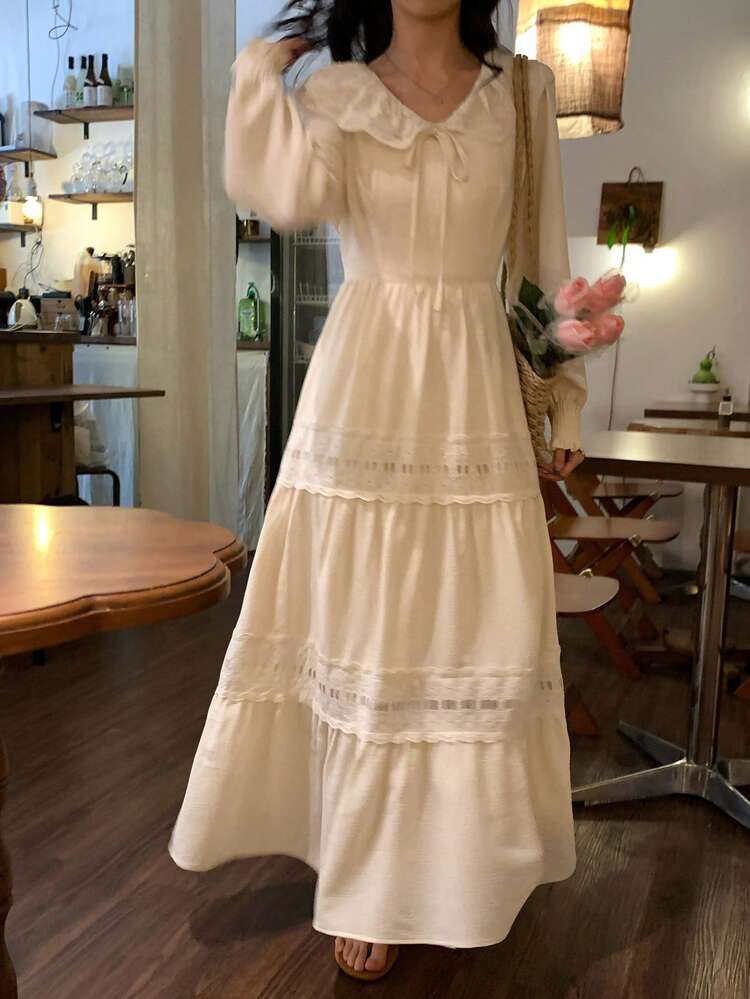 Women's Elegant Commuter Hollow Embroidery Patchwork Mid-Length Dress Sundress