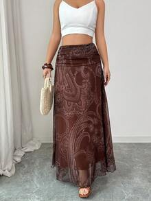 SHEIN Elenzya 女士腰果印花A字裙，魅力十足，适合度假、日常穿着、优雅通勤、时尚约会、法式街头风、复古百搭风，棕色印花，新款春夏长裙 - 棕色 - 查看 7