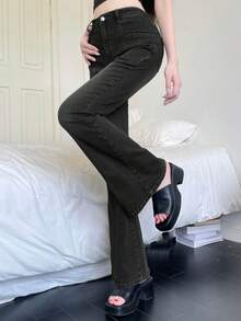 DAZY 女士时尚水洗口袋喇叭牛仔裤 - 黑色 - 查看 3