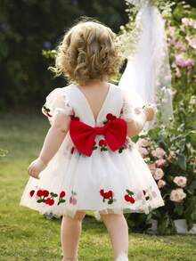 Elegant Embroidered Cherry Blossom Pattern Short Sleeve Dress, Summer - Red - View 4