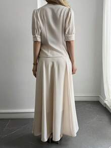 Livesso 女士休闲圆领花瓣袖上衣和半裙两件套，适合通勤、办公、度假、复活节派对、夏季穿着 - 杏色 - 查看 2