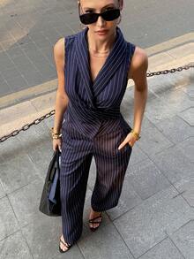 Siren Gaze Women's Navy Blue Striped 2-Piece Set, Casual Daily Wear, Summer Outfit, Business Casual, Teacher Attire, Office Wear, Women's 2-Piece Set With Sleeveless V-Neck Tie Blouse And Pants, Striped Women's 2-Piece Set,Navy Blue Set, Elegant 2-Piece Set,Summer Sets - Navy Blue - View 4
