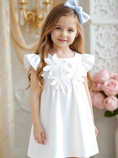 SHEIN Elladie kids Young Girls' Solid Color Elegant Dress. Delicate Flutter Sleeve Design Adds Cute Charm, A-Line Silhouette Is Graceful And Generous. 3D Floral Decor Showcases Vibe. Suitable For Various Occasions: Outdoor Play, Easily Catching Attention; Casual At Home, Comfortable And Free; Party Attendance, Elegantly Eye-Catching. The Top Choice Outfit For Little Princesses.