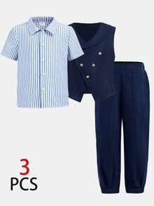 SHEIN 三件套/经济实惠的休闲运动学院风彩色条纹缎带装饰Polo领短袖衬衫和卡其色梭织短裤套装，适合日常穿着、春夏运动、郊游、校园活动、聚会、节日庆典、婚礼、婚宴等场合。 - 彩色 - 查看 4