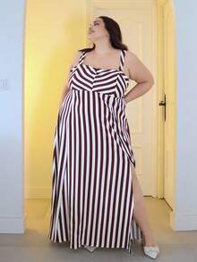 Pretty and Ole 女士优雅无袖条纹中长连衣裙，夏季 - 咖啡棕 - 查看 4