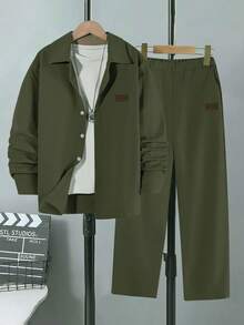 Vacaura 2 件青少年春季休闲绅士单排扣灰色长袖衬衫 + 松紧腰斜口袋休闲裤两件套服装 - 軍綠色 - 查看 7