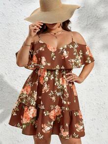 SHEIN VCAY 大码女式休闲露肩印花吊带裙 - 棕色 - 查看 1