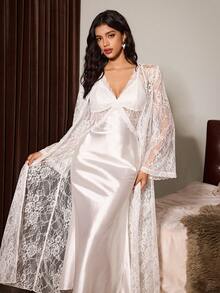 Bridal Season White Sheer Chiffon Long Robe, Backless Satin Camisole Dress, Lace Trim Sleepwear Set - White - View 4