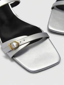 CUCCOO BIZCHIC 春夏新款户外女士黑色方头露趾高跟凉鞋 女士细高跟法式裙摆绑带凉鞋 - 銀色 - 查看 8