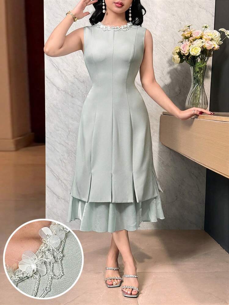 Feyla فستان أنيق متوسط الطول بياقة مستديرة بدون أكمام مزين بالخرز باللون الأحادي للنساء - أخضر نعناع - مشاهدة 1