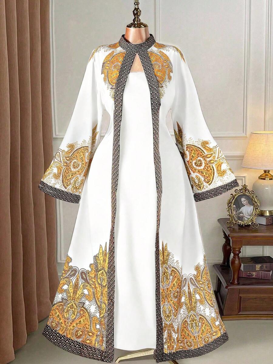 Rometta 大码女式优雅度假风印花高领喇叭袖修身连衣裙(忧郁气质)(周三美学) - 彩色 - 查看 1