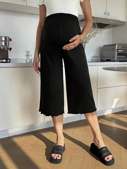 SHEIN Pregnant Women Casual Vacation Daily Commute Solid Color High Waist Lettuce Trim Wide Leg Cropped Pants