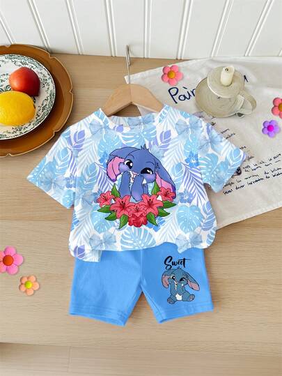 SHEIN 可爱卡通蓝色兔子图案，蓝色渐变热带花卉蝴蝶结印花，女婴休闲简约圆领宽松短袖T恤和修身骑行短裤套装，适合春夏穿着