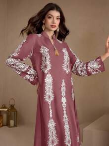 Al Najma New Notched Collar Gold Tassel Pendant High-End Embroidery Elegant Casual/Party Traditional Long Dress - Dusty Pink - View 3