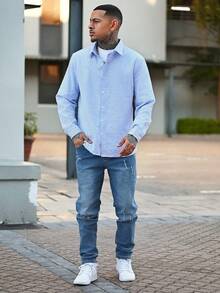 Devon Thys 男式紧身破洞牛仔裤，弹力休闲修身裤 - 藍色 - 查看 5